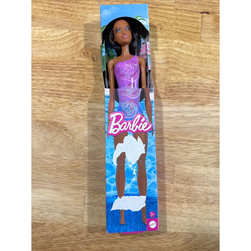 Barbie Doll Girl 11.5in Purple Floral Swimsuit NIB HXX49 Tropical Brunette